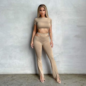 Solid Women Two Piece Sets Short Casual Sleeve T-Shirt And Slit Plare Pants Matching Suit Outfits Summer Tracksuit